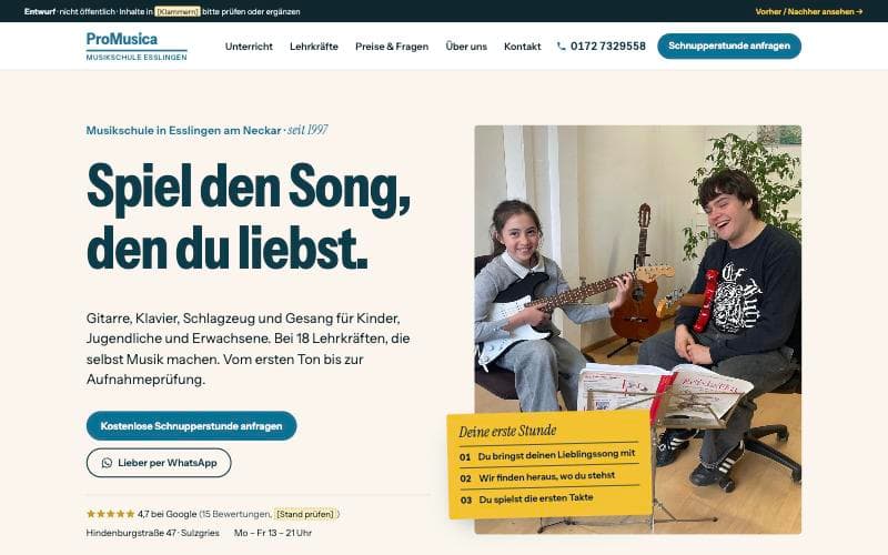 Neue Startseite: große Überschrift, Button für die Schnupperstunde und echtes Unterrichtsfoto.