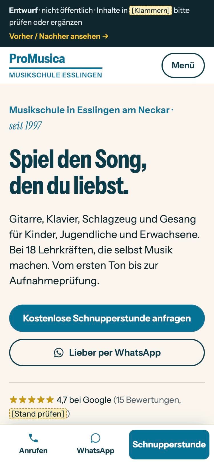 Neue Seite auf dem Handy: Alles passt, unten eine Leiste mit Anrufen, WhatsApp und Schnupperstunde.